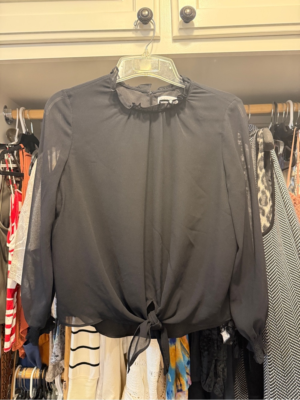Calvin Klein Black Tie-Front Sheer Blouse with Ruffle Neck